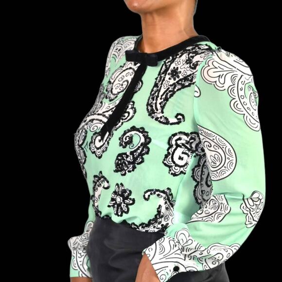 Manoush Chiffon Blouse Green Sequins Top Sheer Pastel Paisley Black Bow Size 4 - Picture 3 of 14